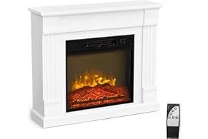 ROVSUN 32'' Electric Fireplace with Mantel, Freestanding Heater w/Remote, Timer, 6 Realistic Flame & Adjustable Temperature for Home Bedroom Living Room Indoor, 1400W