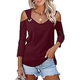 Minetom Women's V Neck 3/4 Sleeve Shirts Cold Shoulder Tops Basic Summer Tees