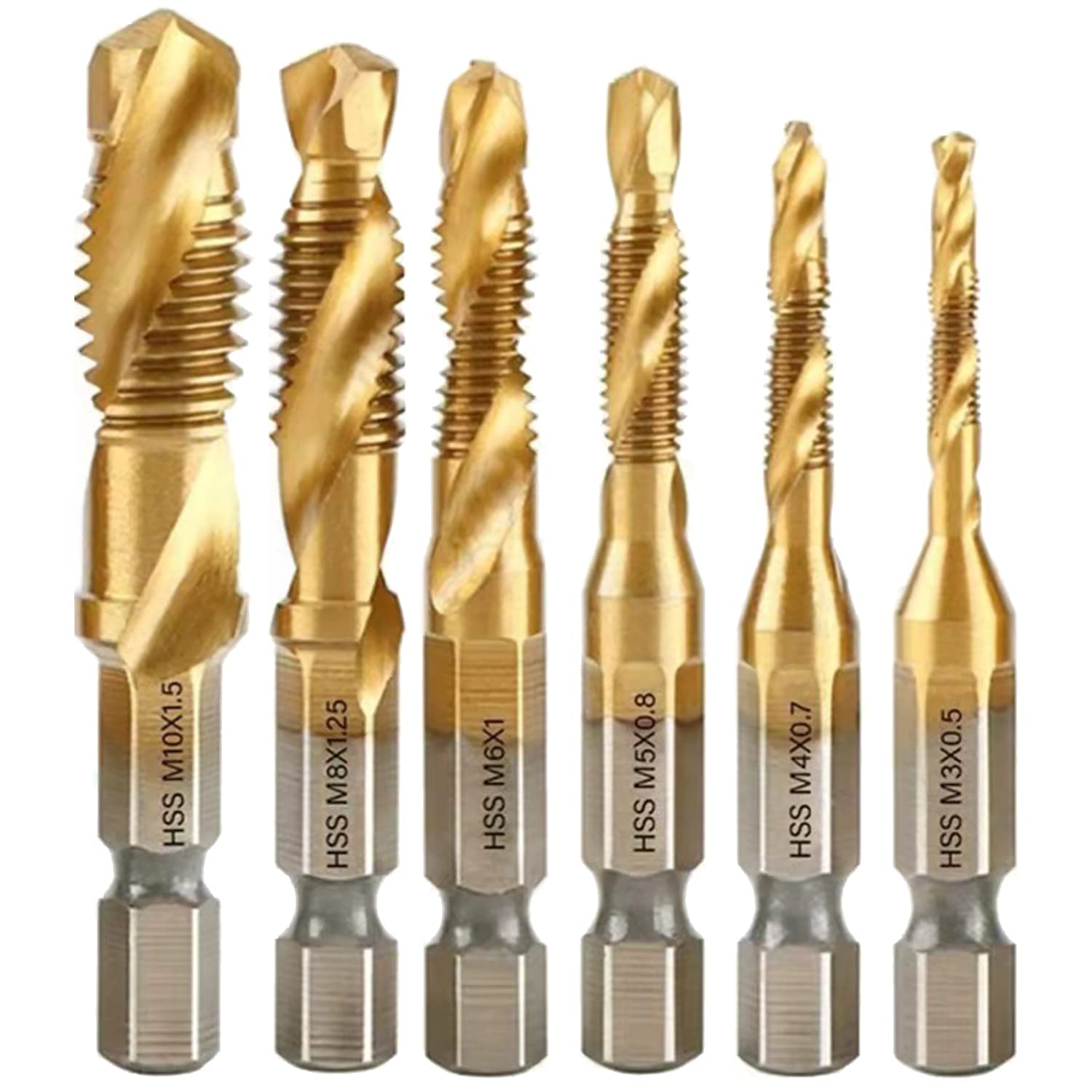 ZFYQ Drill Tap Bits Set 1/4" HSS Thread Cutting Tool Hex Shank for Wood Plastic Thin Aluminium, 6 Pieces