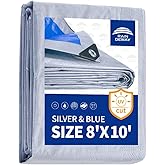 RAINDEWAY Tarps 8x10Ft 5.5 Mil Multipurpose Waterproof Poly Tarp Cover | UV Resistant,Finished Size,Grommets Every 36in,Reinforced Edges,Indoor and Outdoor Use,Silver/Blue