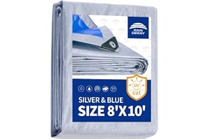 RAINDEWAY Tarps 8x10Ft 5.5 Mil Multipurpose Waterproof Poly Tarp Cover | UV Resistant,Finished Size,Grommets Every 36in,Reinforced Edges,Indoor and Outdoor Use,Silver/Blue