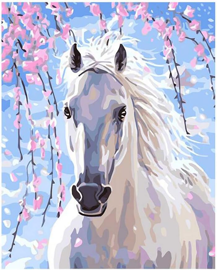 DIY Oil Painting by Numbers for Adults, Paint by Number Kit for Kids and Adults, White Hourse Animals Canvas 16 * 12in with Frame