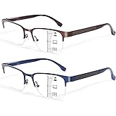 FONHCOO Progressive Multifocal Reading Glasses for Women Men, Metal Half Frame Blue Light Computer Readers with Spring Hinges