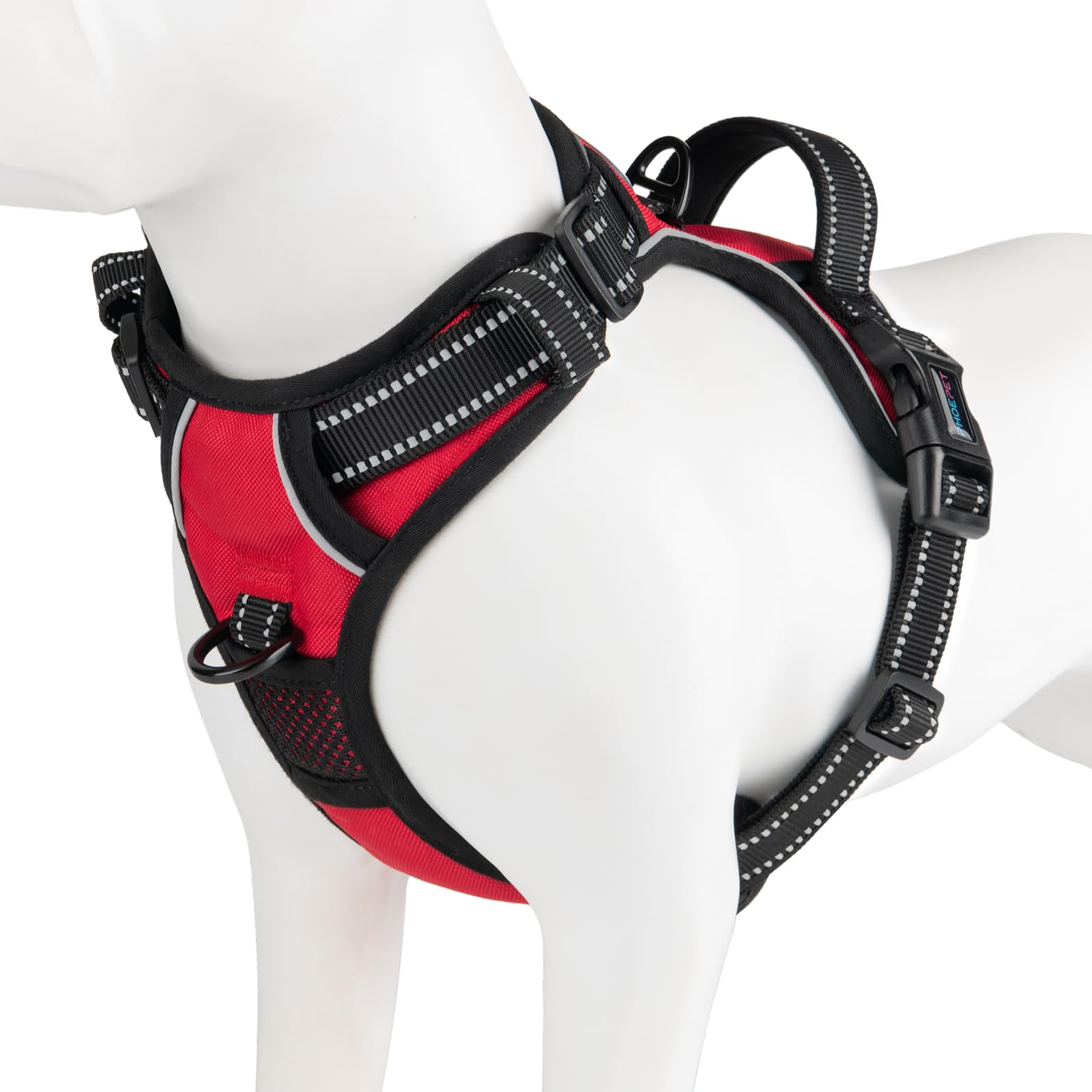 PHOEPET Reflective Dog Harness No Pull Large Breed Vest with 2 Metal Leash Attachment Hooks(L, Red)