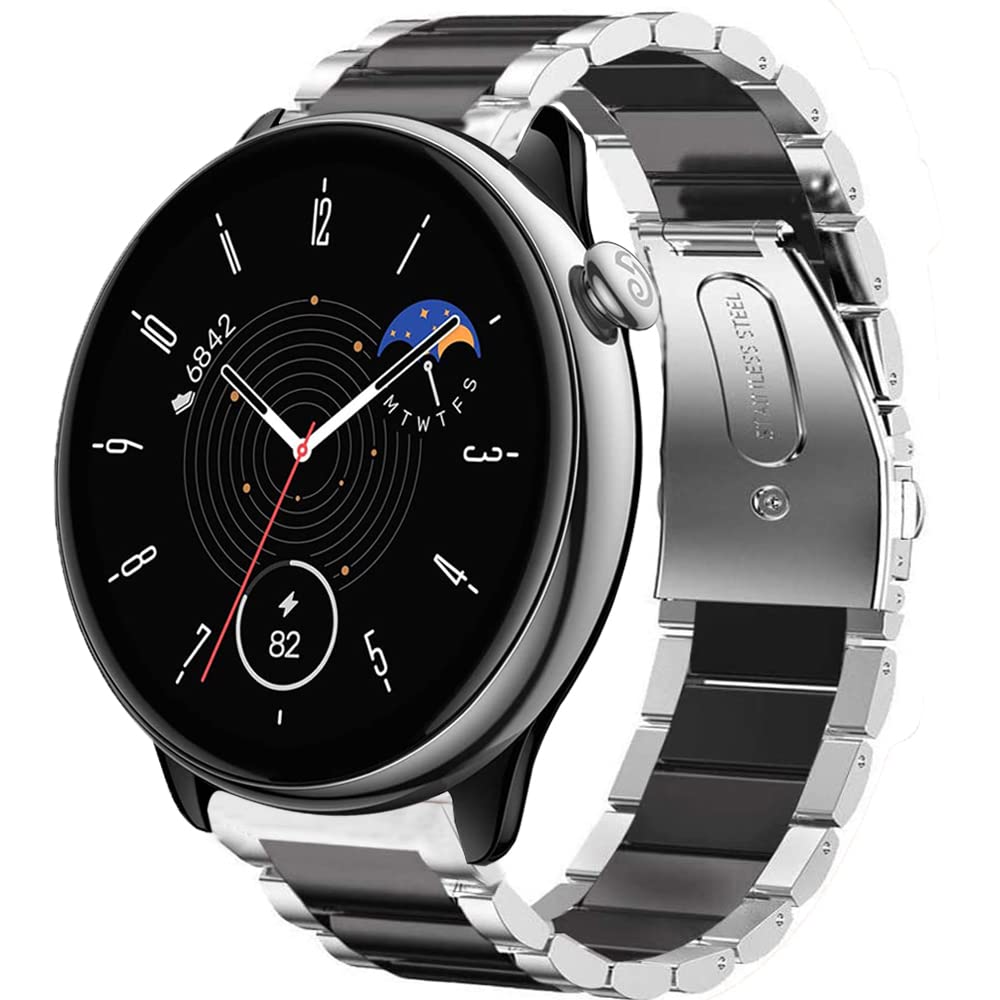 Blueshaweu Compatible for Amazfit GTR Mini Band, Quick Release Stainless Steel Metal Replacement Straps Compatible with Amazfit GTR Mini Smart Watch (Silver-Black)