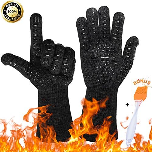 Heat Resistant Gloves BBQ Grilling Gloves Oven Cooking Barbecue 932F Kitchen Baking Camping Mitts Outdoor Wear-resisting 13.2 Inch Long for Extra Forearm Protection Black 1 Pair