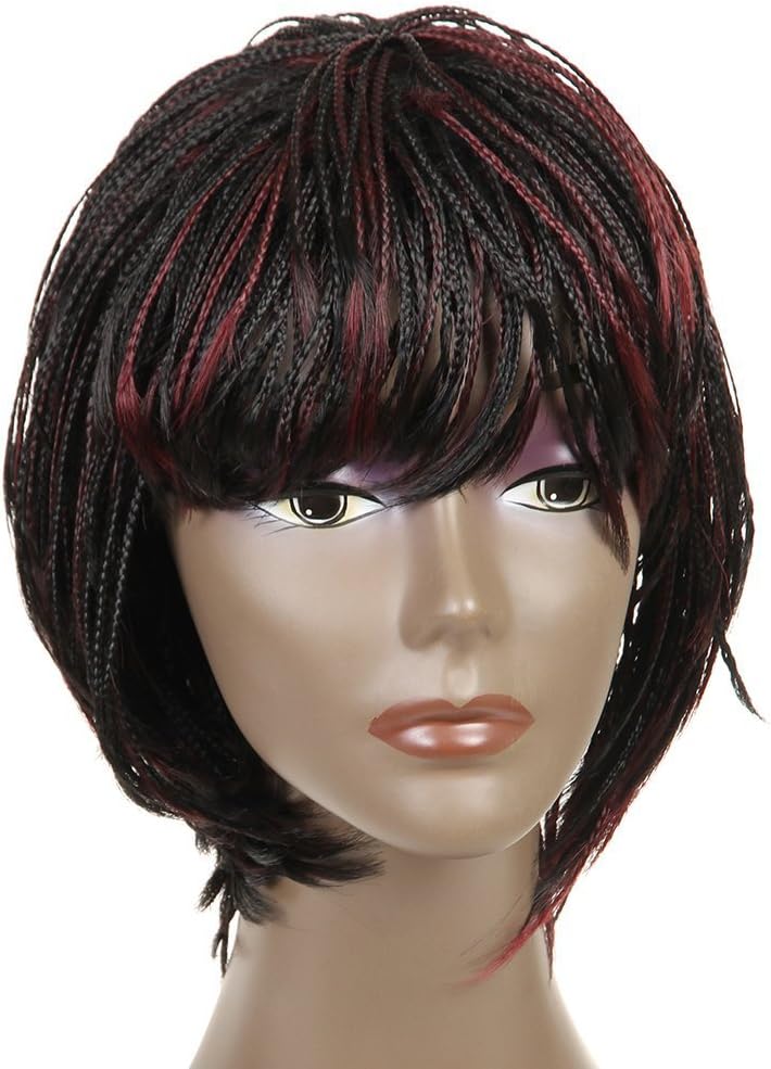 Short Bob Braids Wigs Synthetic Crochet Short Box Braid Wigs with Bangs Glueless Hand-made Braided Wigs Synthetic Box Braid Wigs African American Bob Braided Wigs for Black Women Ombre Color #1B/Bug