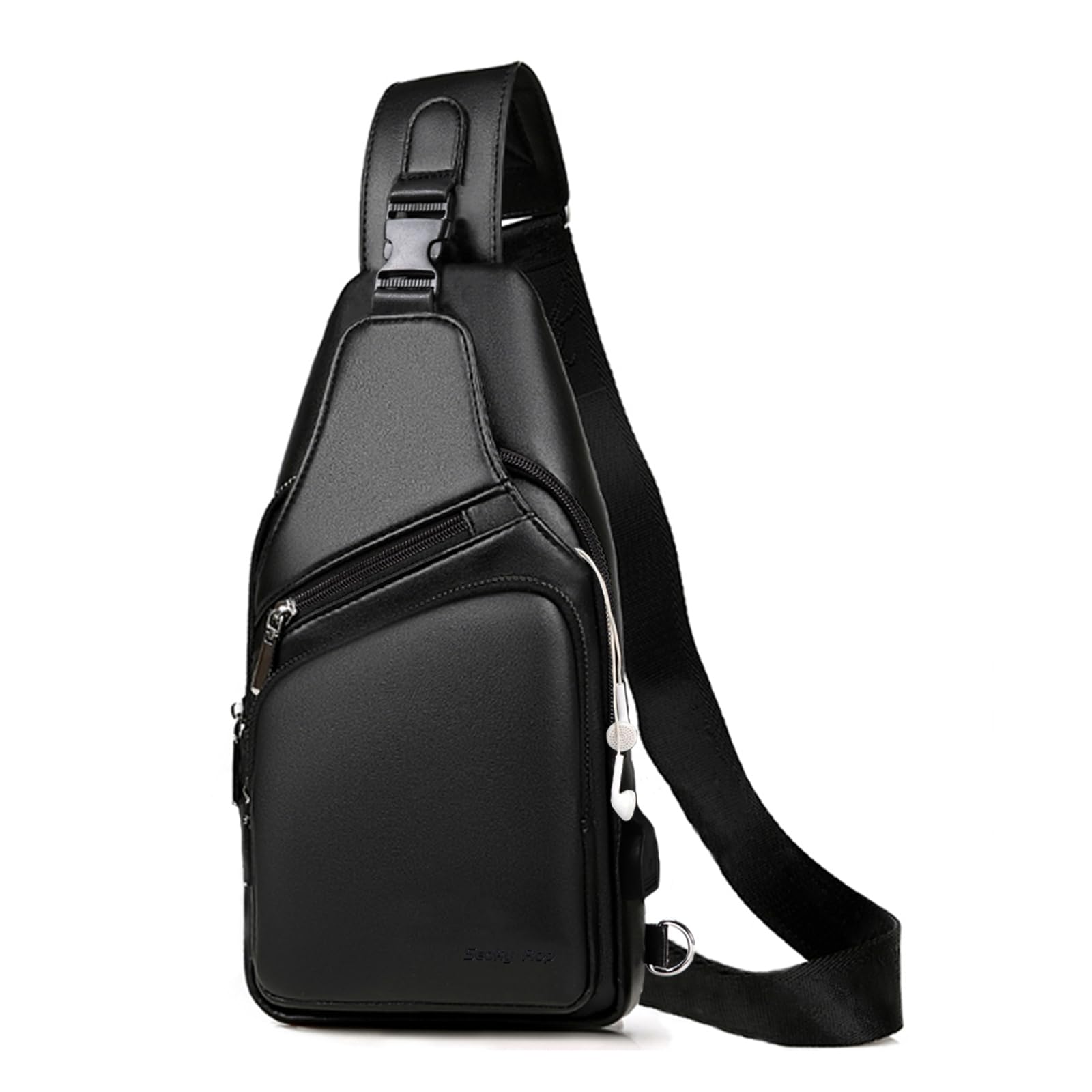 Photo 1 of Seoky Rop Men Leather Sling Bag Purse Waterproof Crossbody Chest Bag Sling Backpack with USB Charging Port One Shoulder Bag Black