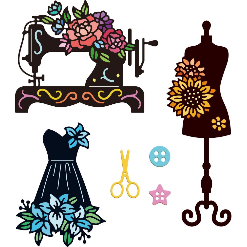 GLOBLELAND Flowers and Sewing Machine Cutting Dies for Card Making Sewing Models Metal Die Cuts Cutting Dies Template for Scrapbooking Journal Embossing Paper Craft Decor