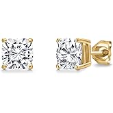 Gem Stone King 2.40 Cttw 14K Yellow Gold Asscher Cut 6MM White Moissanite Double Notch Stud Earrings | Gold Earrings For Women Men