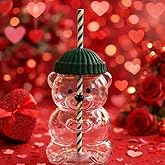 2025 Bearista Bear Glass Cups (1Pc) 20oz Cute Coffee Tumbler with Straw & Lid, Valentine’s Day Gift, Iced Coffee, Matcha & Boba Tea