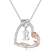 Yesteel Valentines Gifts for Her Rose Heart Initial Necklaces Gifts for Women Teen Girls, Silver Plated Heart Initial Letter Pendant Necklace Jewelry Valentines Mothers Gift for Her Girlfriend Wife