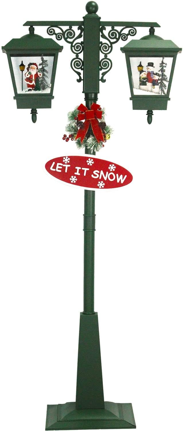 Snow Globes - Fraser Hill Farm Let It Snow Series 74-in. Double Lantern Street Lamp with 1 Santa and 1 Snowman Family | Cascading Snow | Christmas Carols | Festive Holiday Home Decor | Green | FSL074A-GRN