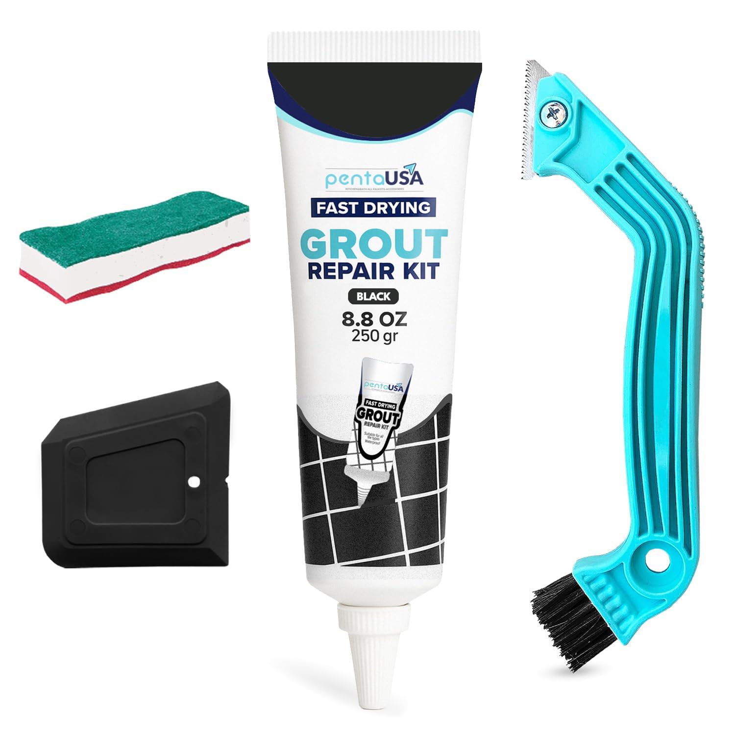 Grout - Ready Mixed Tile Grout - Sponge, Remover Saw and Scraper Set - Perfect for Bathroom, Kitchen, Floor Tiles (250g / Bundle Set) (Black)