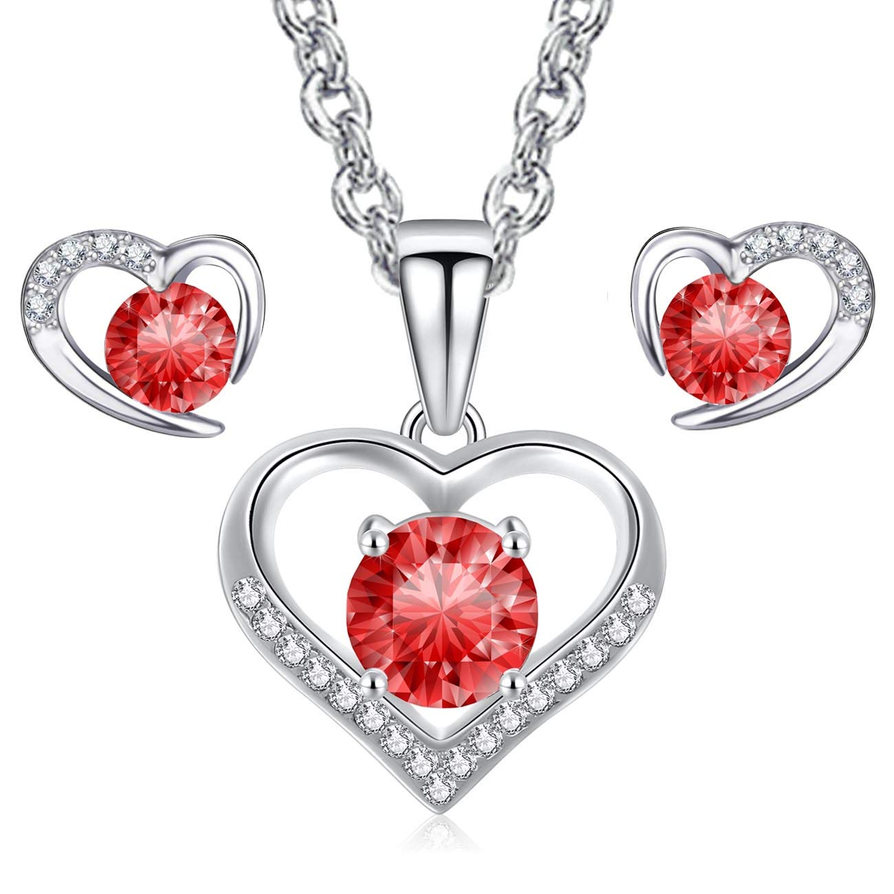 LYL.Adorer Heart Necklace Earrings Set,Red Austrian Crystal,Jewellery Set Silver 925,Gift for Her