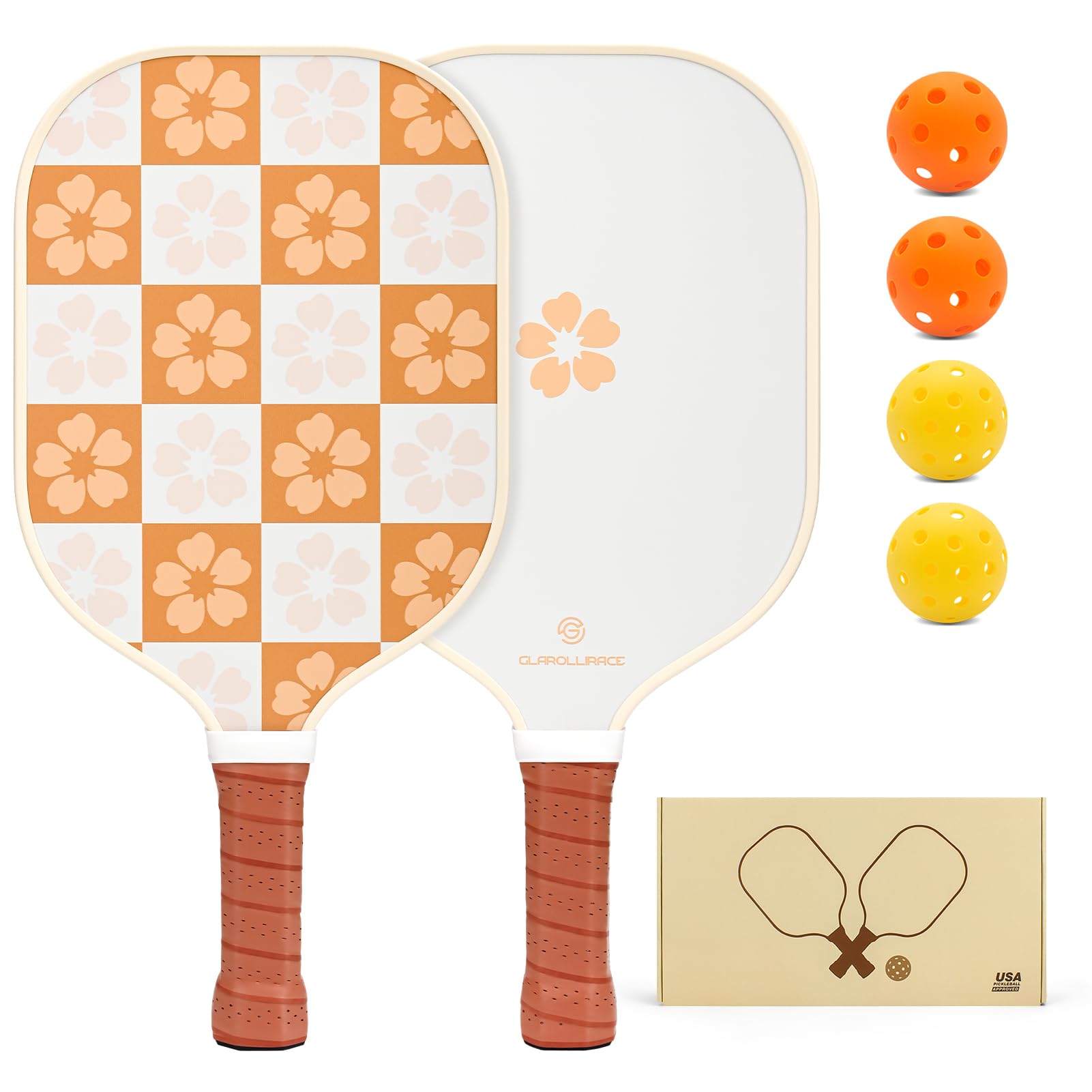 Pickleball Paddles Set of 2 Cute Pickle Ball Paddles,USAPA Approved Pickleball Set of 2 Rackets,Fiberglass Surface & 13MM PP Honeycomb Core,4 Indoor & Outdoor Balls,3 Bag and Gift Box for Women Image