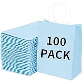 BAG BOX 100 Pack Medium 8.25x4.3x10.6 Inch Blue Kraft Paper Gift Bags with Handles for Bulk Shopping, Retail, Craft, Party Favors, Wedding, Grocery & Sacks