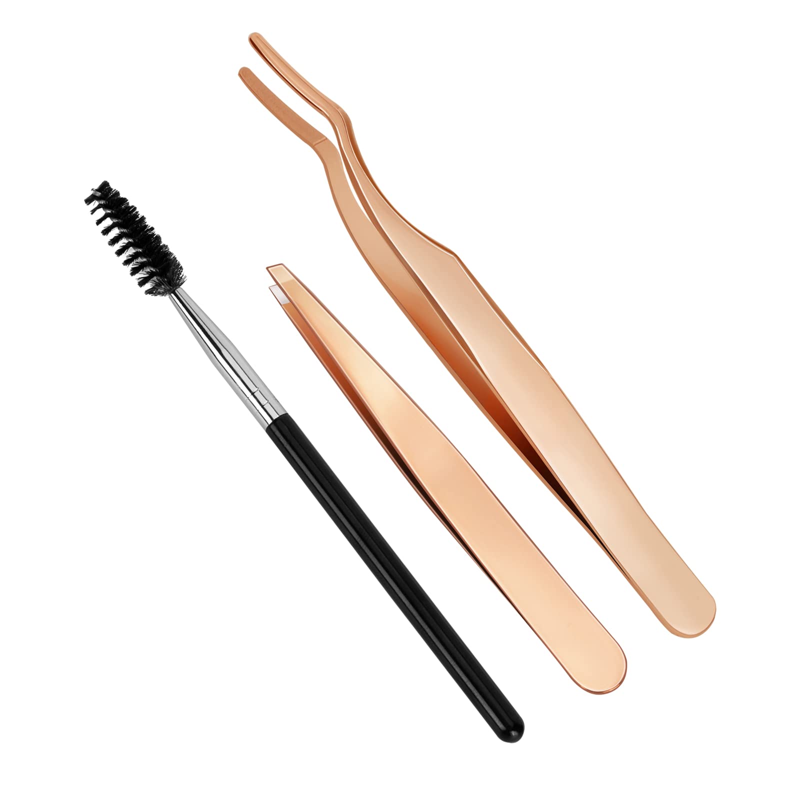 3 Pcs DIY Eyelash Applicator Tool Stainless Steel Cluster Lash Tweezers Eyelash Tweezers Application and Removal False Eyelash Applicator with Eyelash Brushes Strong Grip Lash Tools Rose Gold
