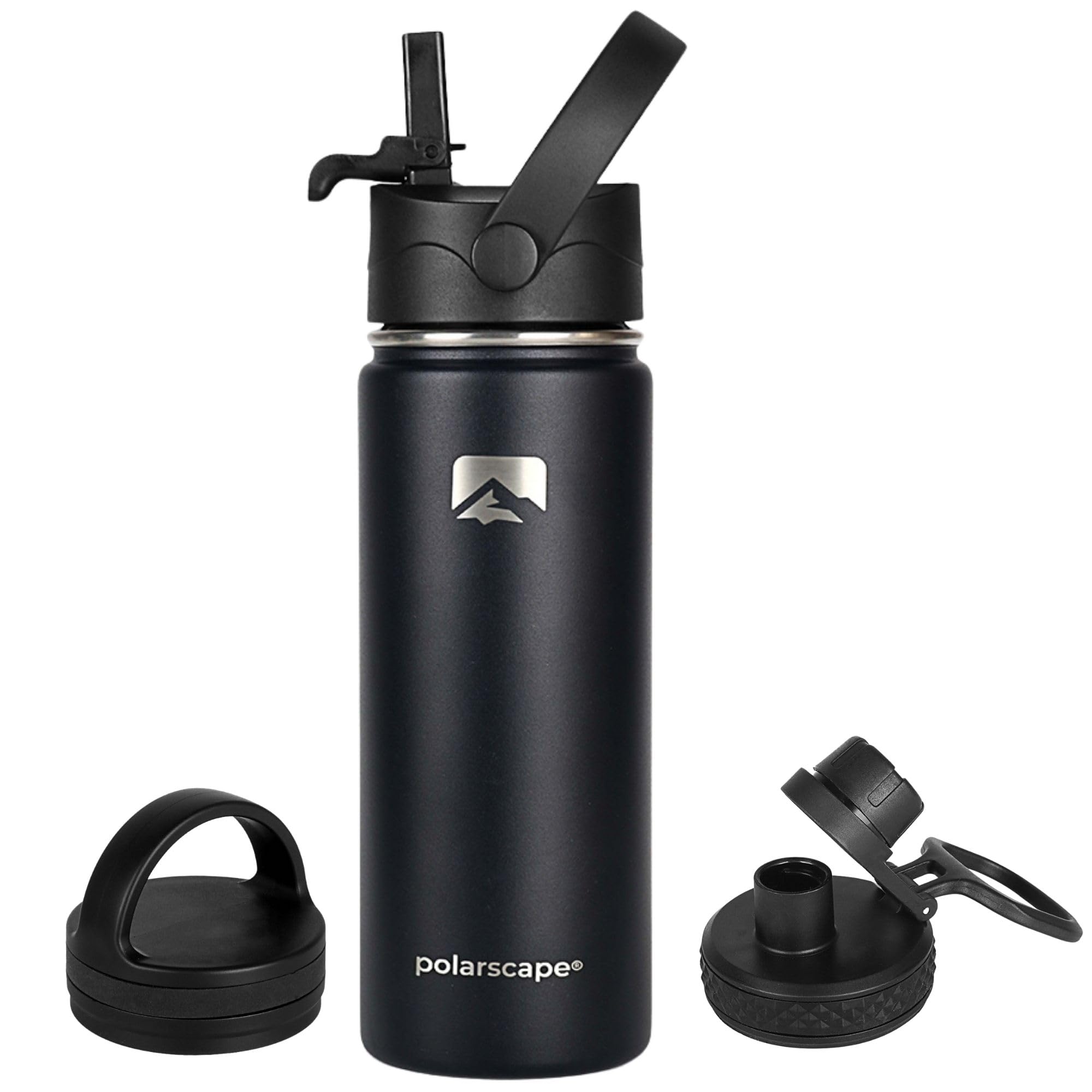 Polarscape Stainless Steel 500ml Insulated Water Bottle with Straw - Metal Water Bottle, Includes 3 Lids, 2 Straws, Straw Brush - Wide Mouth, Double-Walled, BPA Free, Leak Proof - 500ml Black