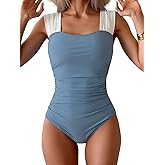 B2prity Womens One Piece Swimsuit Square Neck Retro Tummy Control Bathing Suits Ruched Modest Full Coverage Swimwear Grey Blue