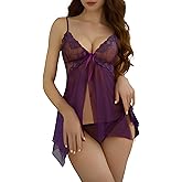 Narcisse Women's Valentine's Day Babydoll Lingerie Open Front Lace Chemise Mesh Nightgown Set Black/Red/Purple