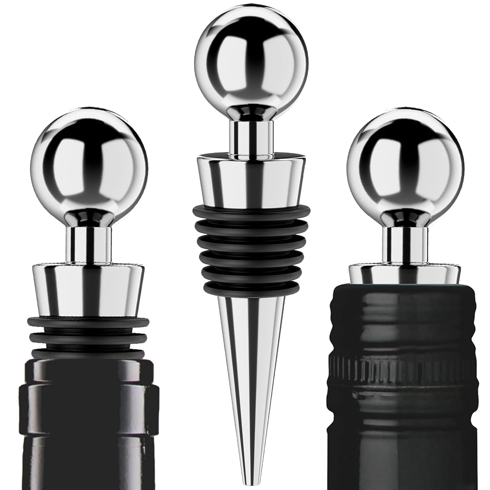 Photo 1 of Wine Stoppers for Wine Bottles, 3Pcs Stainless Steel Wine Bottle Stoppers Reusable Wine Cork Vacuum Wine Bottle Stopper with Silicone Reusable Wine Corks Leak proof Keep Fresh Suitable for Standard