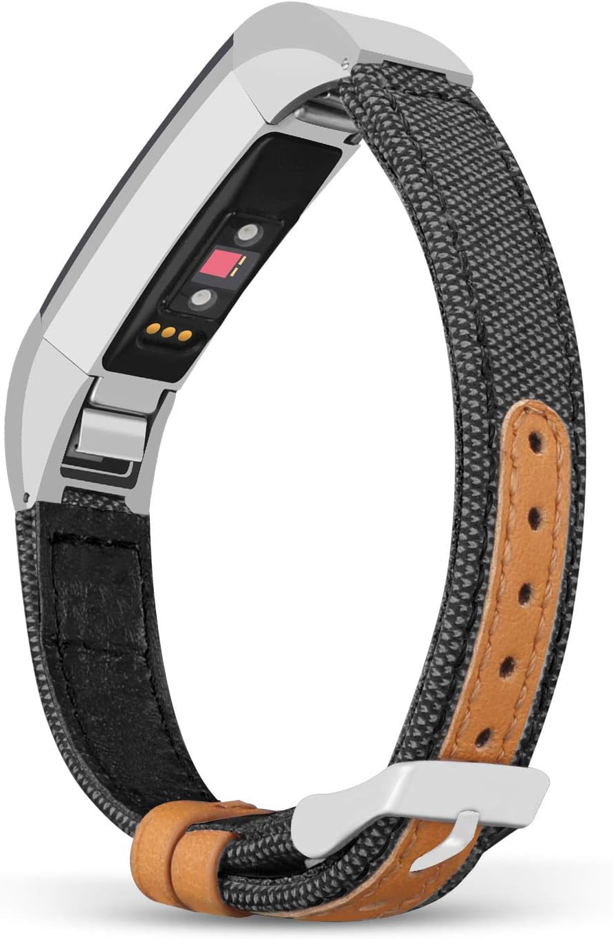 Jobese Compatible with Fitbit Alta/Alta Hr/Fitbit Ace Band, Soft Classic Canvas Fabric Straps with Genuine Leather Bands Men Women