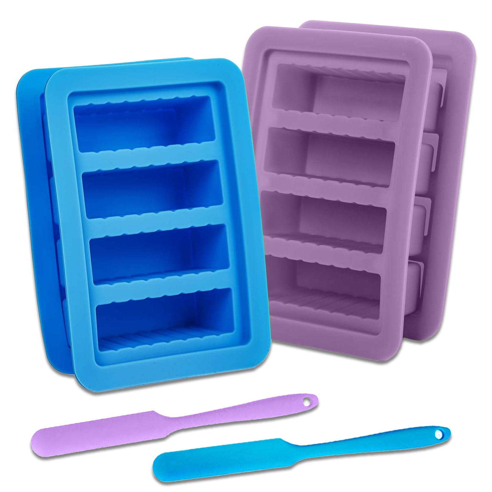 Photo 1 of 2PCS Butter Silicone Mold with Lid, Non-Stick Butter Mold Tray with Measurements, Butter stick molds with butter paddles for Making Butter for Chocolate Making and Homemade Cakes Baking (Blue&Purple)