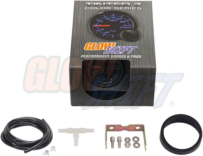 GlowShift Tinted 7 Color 30 PSI Turbo Boost / Vacuum Gauge Kit - Includes Mechanical Hose & T-Fitting - Black Dial - Smoked Lens - For Car & Truck - 2-1/16" 52mm: Automotive