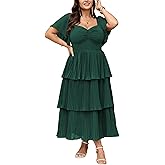 SCOMCHIC Women's Plus Size Formal Wedding Guest Evening Party Dress Short Sleeve Pleated Tiered Chiffon Bridesmaid Dresses