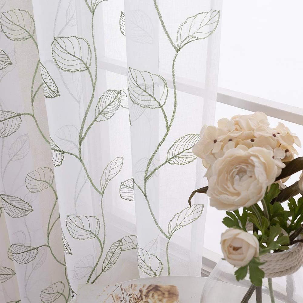 Vangao Embroidered Sheer Curtains Leaf Drapes Floral Embroidery Voile for Living Room Bedroom，Rod Pocket,55" Wx 95" L…