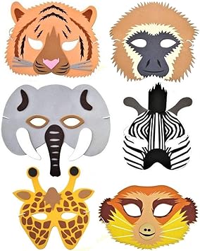 6 Forêt Tropicalesafarijungle Animaux Masques En Mousse Fabriqué Par Blue Grenouille Jouets