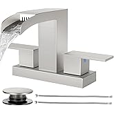 Cobbe Waterfall Bathroom Faucets 3 Hole, Brushed Nickel Bathroom Sink Faucet Square 4 Inch Centerset with Pop-Up Drain, 2 Handle and 2 Supply Hoses, Lead-Free Stainless Steel for Vanity Sink Rv