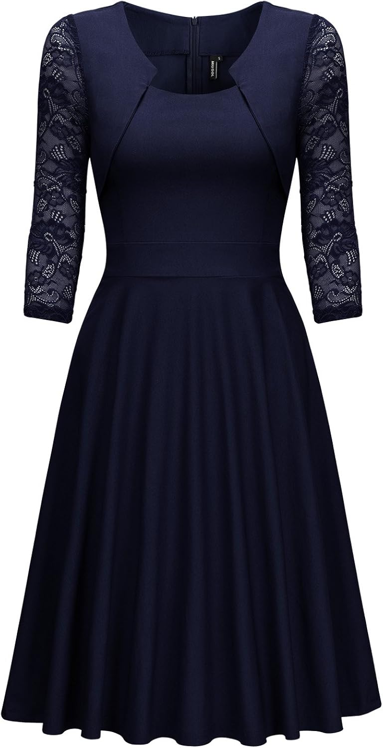 Miusol Women's Vintage Square Neck Floral Lace 2/3 Sleeve Cocktail Swing Dress: Clothing