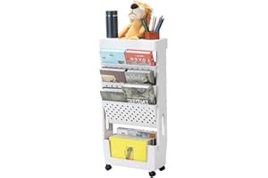LIANTRAL 5-Tier Mobile Bookshelf with Wheels, Rolling Bookcase Book Storage Rack, Movable File Folder Organizer Cart for Office Classroom Home, White