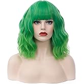 TCAIACT 14" Short Bob Wavy Curly Bangs Wig Bright Green Ombre Air Bangs Shoulder Length Women's Charming Synthetic Wig for Cosplay Party Anime Costume+Wig Cap (Bright Green Ombre)