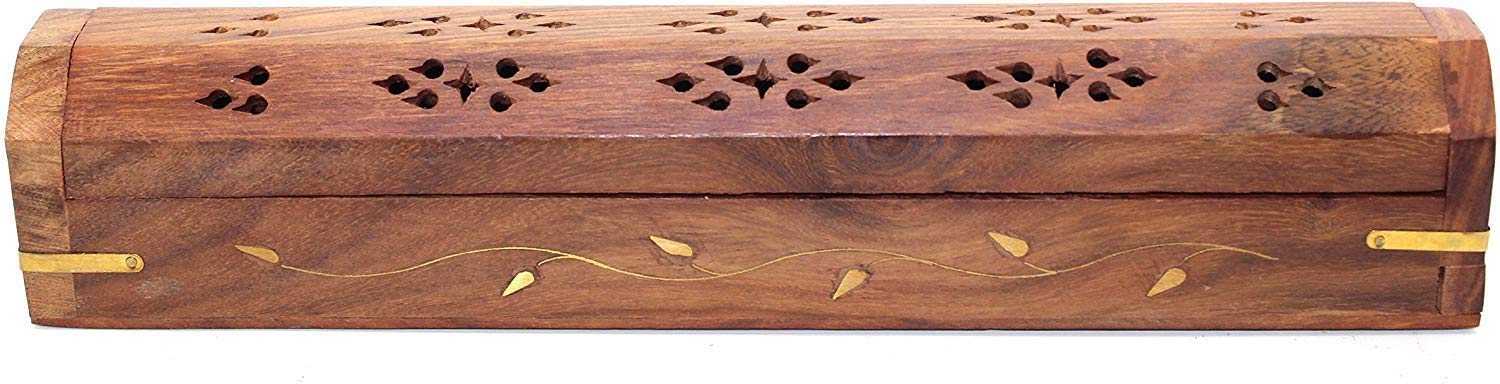 LEAF - Solid Wood Wooden Incense Joss Sticks Storage Box with Built in Ash Catcher and Cone Burner
