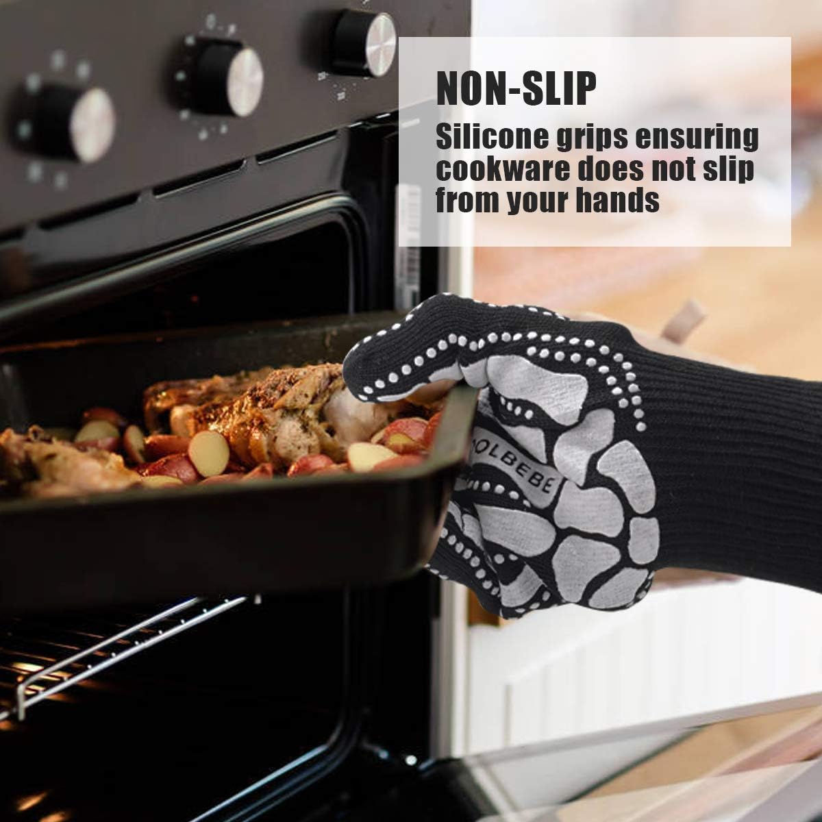 Black Skeleton BBQ Grill Gloves, COOLBEBE Unisex Cooking Oven Barbecue Gloves Kitchen Mitts with Skull Pattern - 1472°F Extreme Heat Resistant, Durable & Light Weight - 1 Pair : Garden & Outdoor