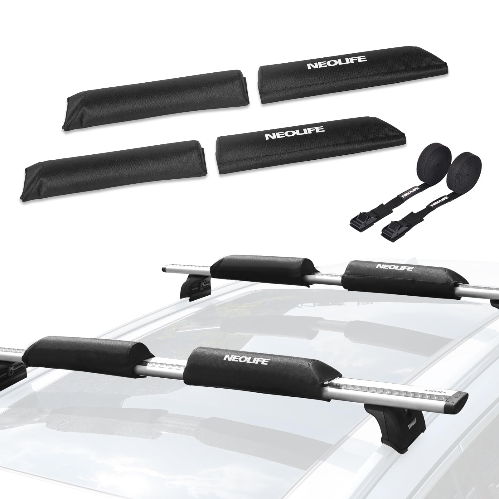 Photo 1 of WONITAGO Soft Roof Rack Pads with Two 15 Ft Tie Down Straps for Surfboard, SUP Paddleboard, Snowboard, 14inch (2 Pair) Black