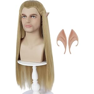 YTbeauty Long Blonde Straight Wig with Elf Ears for Men Costume Braided Ash Blonde Wig for Halloween Cosplay Party