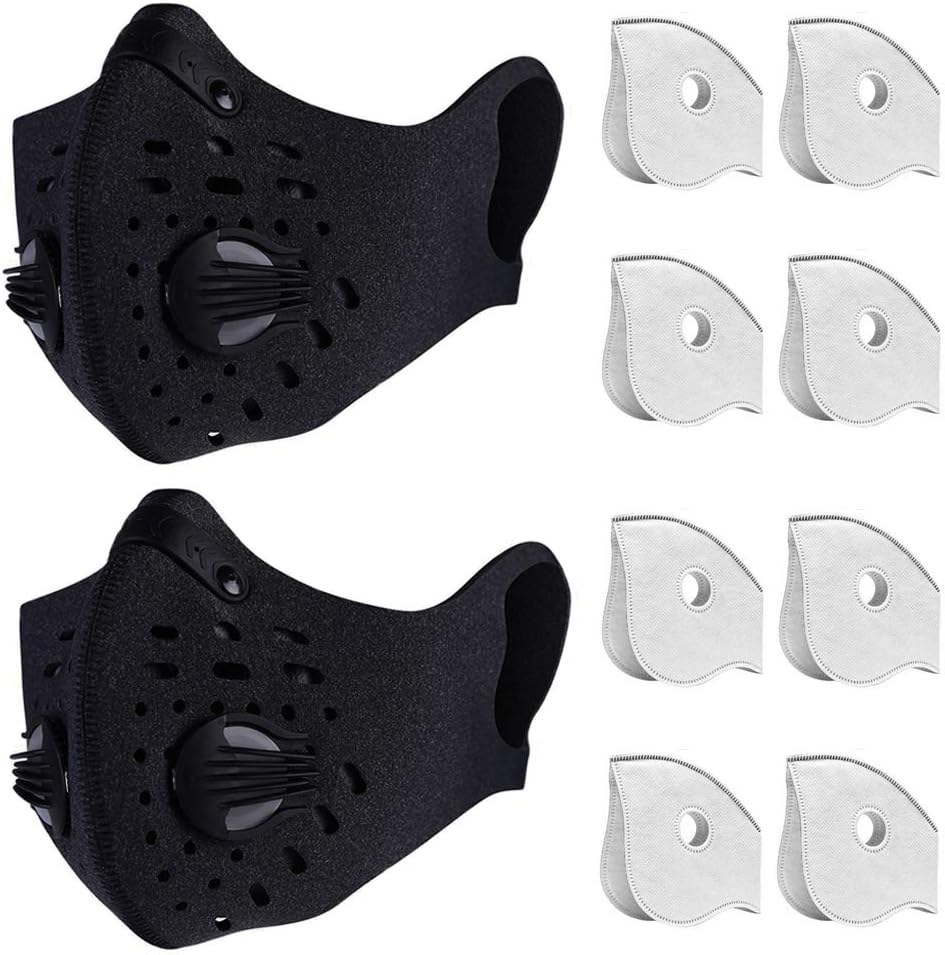 Dust Mask Anti Pollution PM2.5 Dustproof Masks Washable and Reusable with 8 Carbon Filters for Pollen Allergy Woodworking Mowing Running Outdoor Activities, 2 Packs (Black)