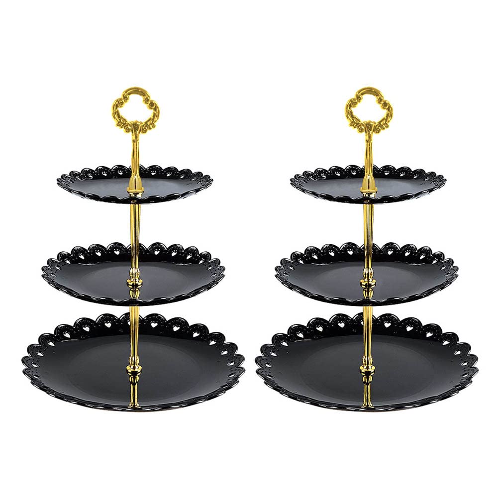 2 Pack 3 Tier Cake Display Stand Reusable,Plastic Round Cake Stand Display Fruit Plate,Dessert Stand, Cupcake Stand Party Serving Platter Stand for Birthday Wedding Party,Afternoon Tea(Black)