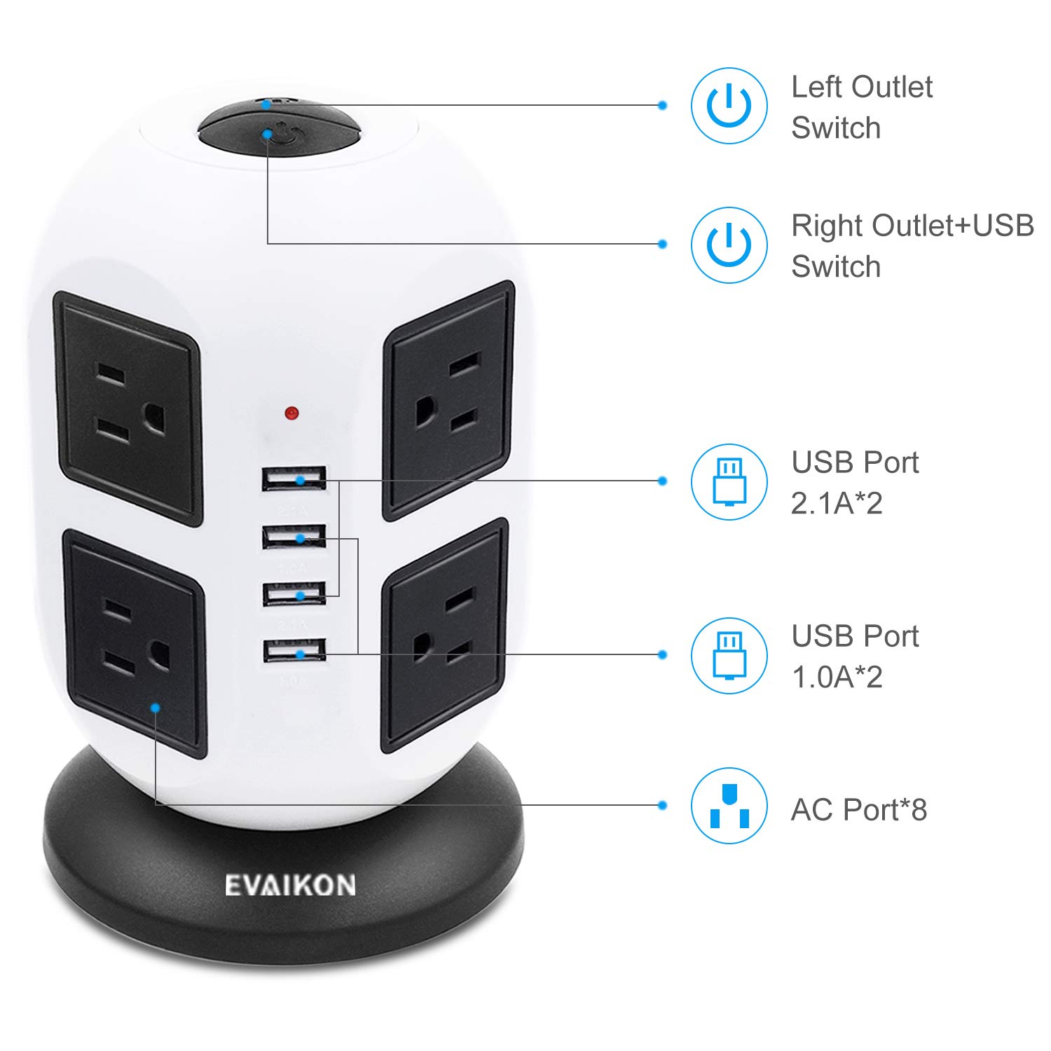 Power Strip Tower - EVAIKON Extension Cord with 8 Outlet 4 USB Ports 3000W/13A Surge Protector Electric Charging Station +6.5FT Wire Universal Socket for Home Office