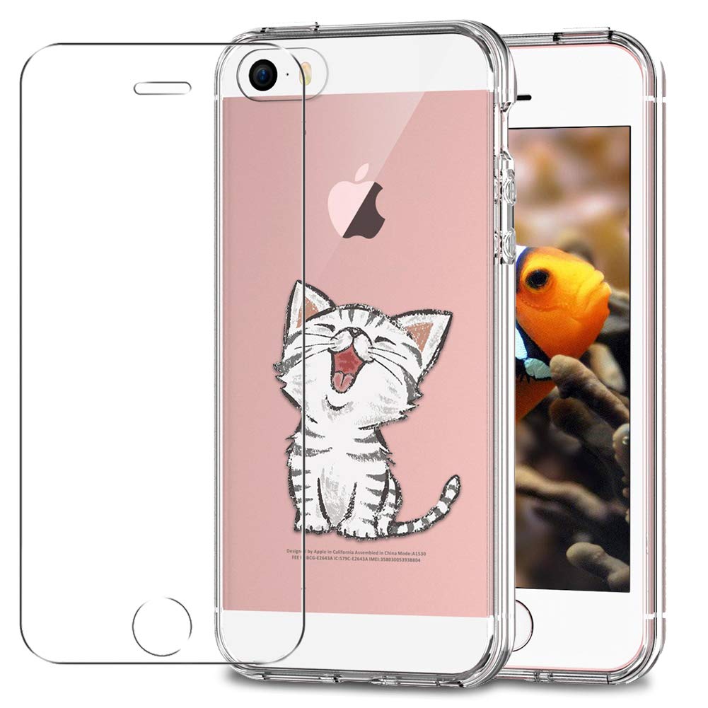 MadBee For iPhone 5/ 5S/ SE Case + Screen Protector, Colorful Pattern Printed Design Clear Soft Flexible TPU Protective Cover Case for iPhone 5/ iPhone 5S/ iPhone SE (Cat 1)