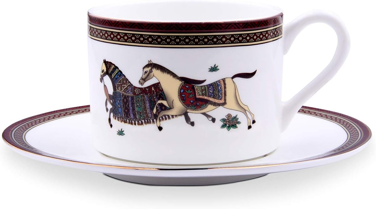 JINHAICHU Porcelain Coffee Cup and Saucer Sets (7oz) Noble Run Horse White European Ceramic Coffee Cup & Mug for Women Dad Adult Work Gift Tea Sets