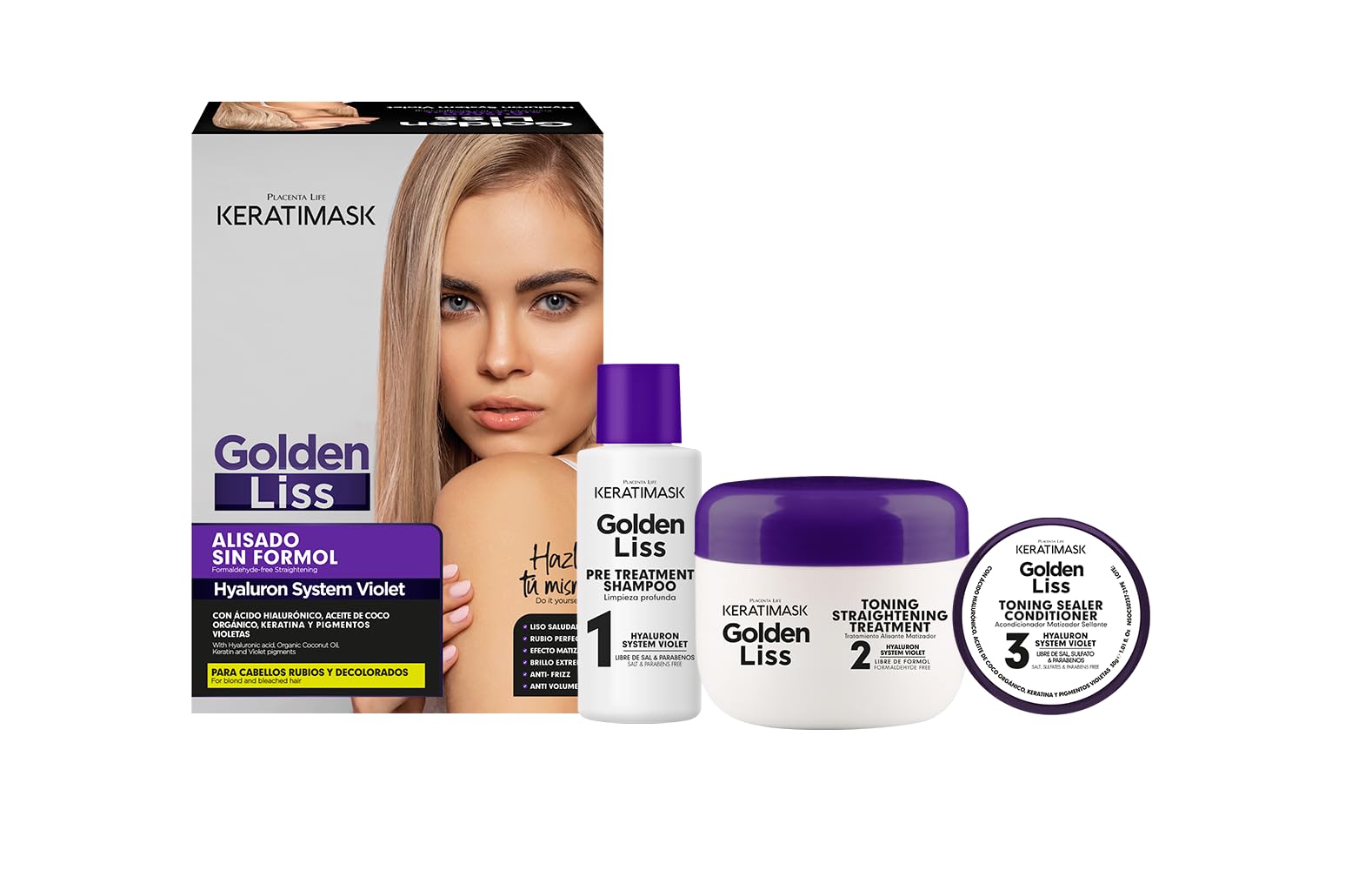 PLACENTA LIFE KERATIMASK - Vegan Brazilian Straightening Kit with Keratin and Hyaluronic Acid for Blonde Hair - 12-Week Effect - Includes: Treatment Shampoo + Straightening Treatment + Conditioner