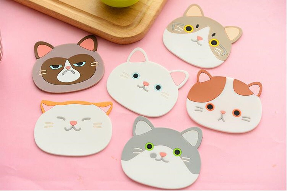 Cute Cat Tasse Silikon Untersetzer Tasse, hitzebeständig rutschfestem Cup Pad Gummi Matten für Wein Glas Tee Kaffee Home House Kitchen Decor oder eine Hochzeit Idee, 6er-Set