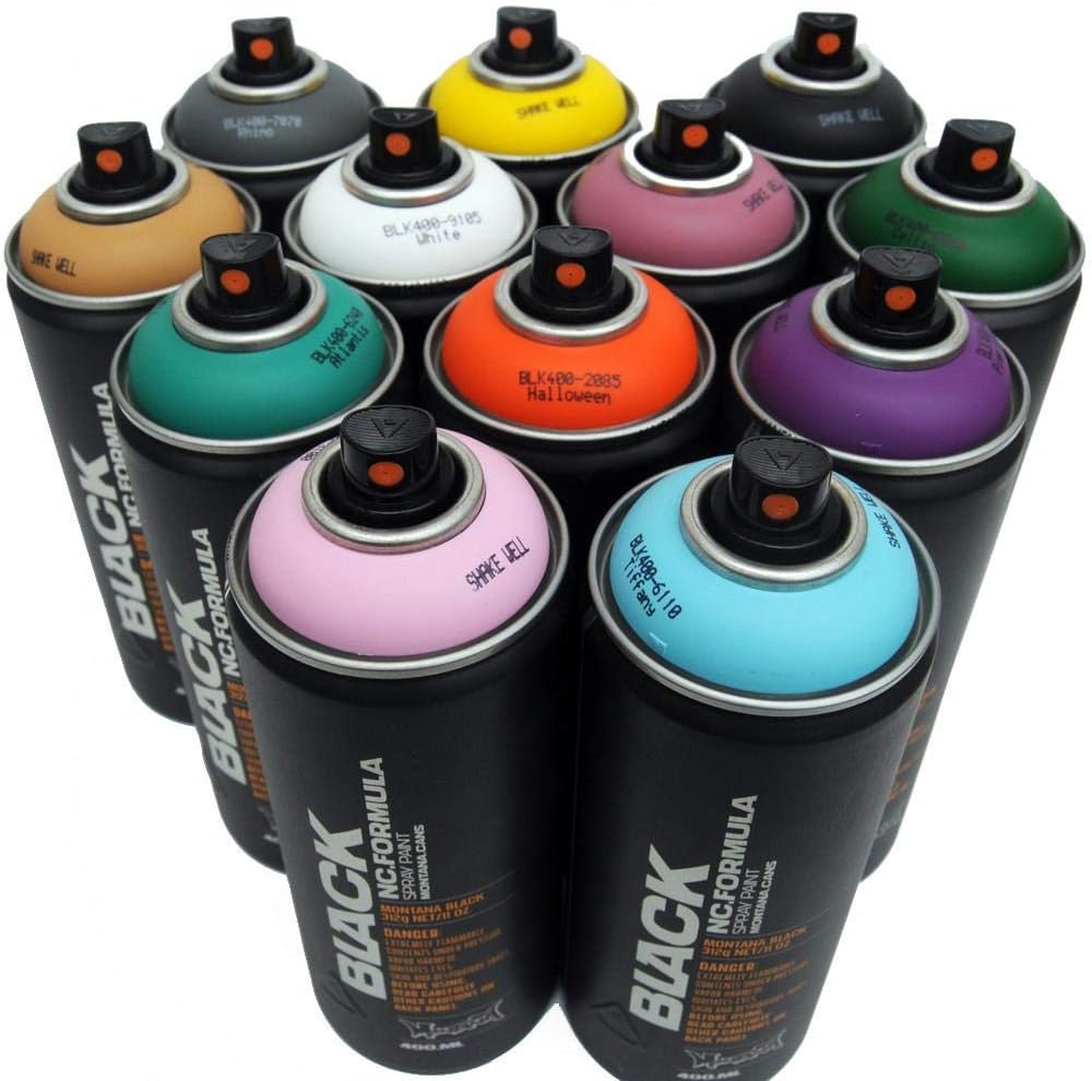 Montana BLACK 400ml Complementary Colors Set of 12 Graffiti Street Art Mural Spray Paint by Montana Black