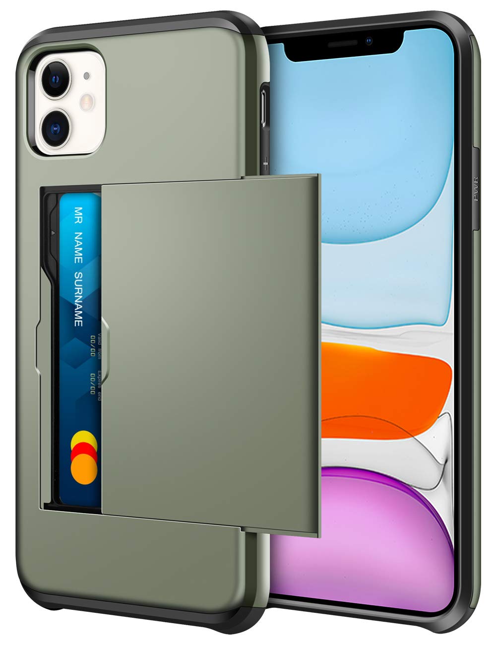 Coolden for iPhone 11 Case Wallet Case Armor Shockproof Protective Case Heavy Duty Hard Back Soft Bumper Phone Case Card Holder Slot Wallet Case Cover for iPhone 11 (Army Green)