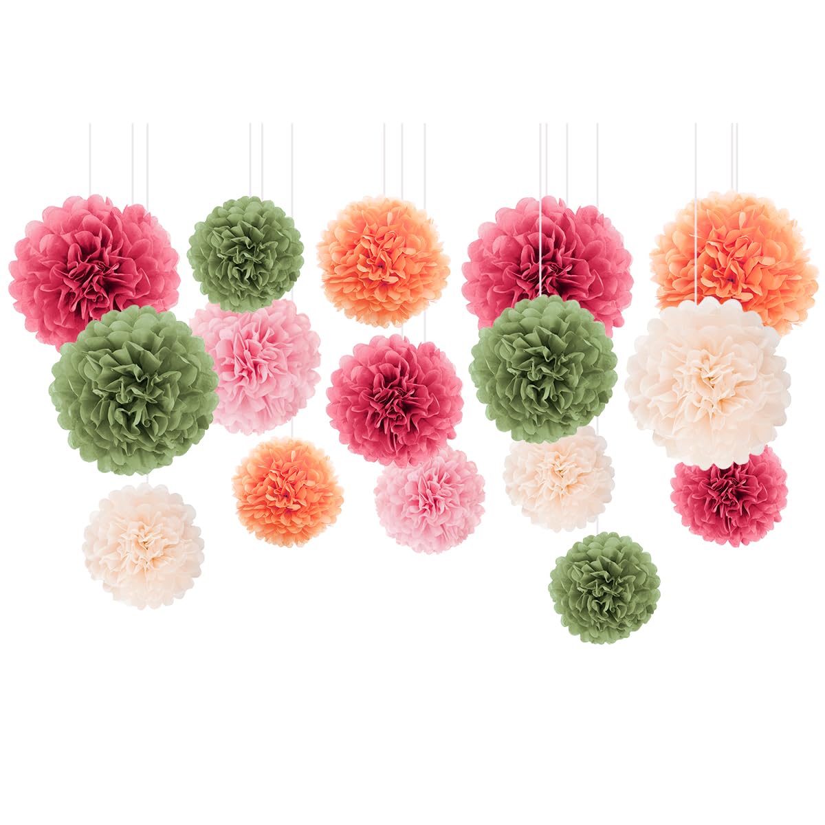 NICROLANDEE Wedding Party Decorations - 16pcs Pink Sage Green Ivory Tissue Paper Pom Poms for Birthday Engagement Baby Shower Bridal Shower Birthday Festival Decorations